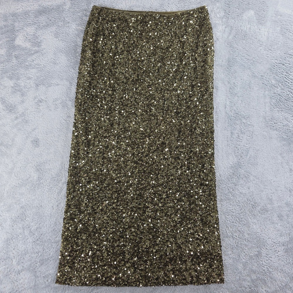 Lafayette 148 Women 2 Shiny Gold Sequin Midi Skirt Pencil Straight Shimmer